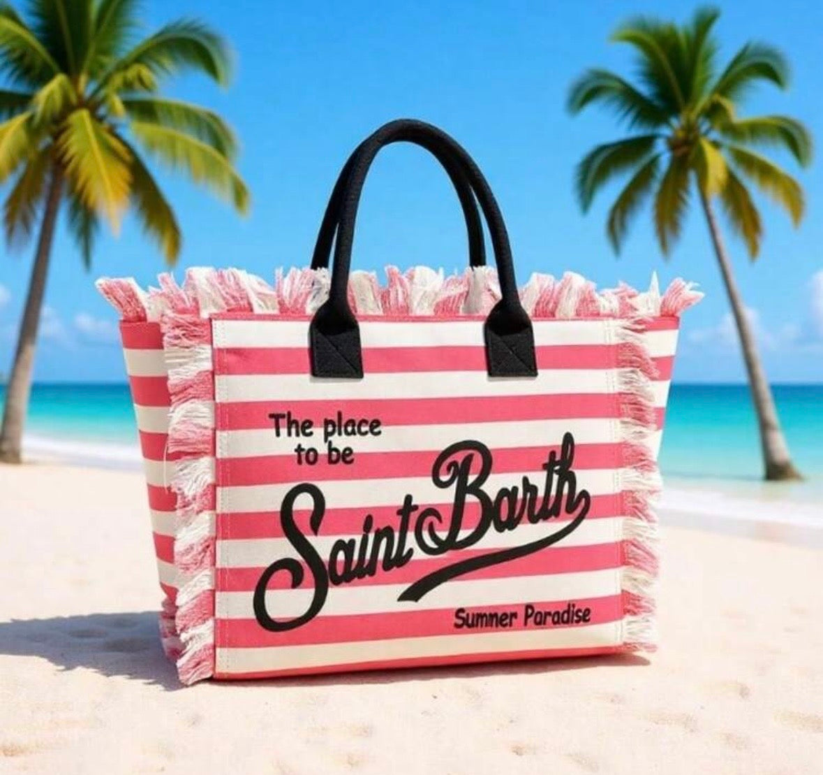 SAINT BARTH borsa mare righe rosa bianco in spiaggia