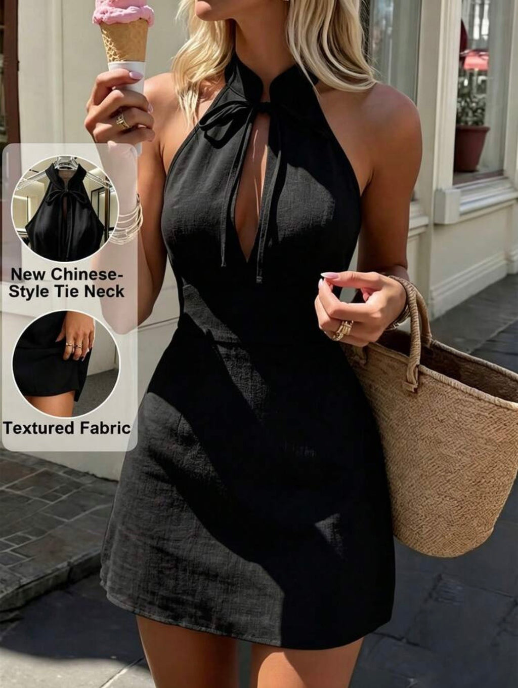 BLOSSOM GLOW abito corto nero halter fronte