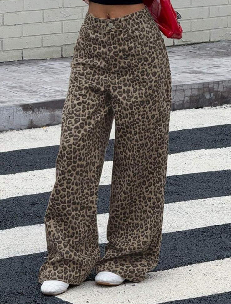 SAVAGE CHIC - Jeans Leopardati Wide Leg in Cotone