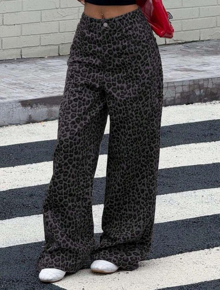 SAVAGE CHIC - Jeans Leopardati Wide Leg in Cotone