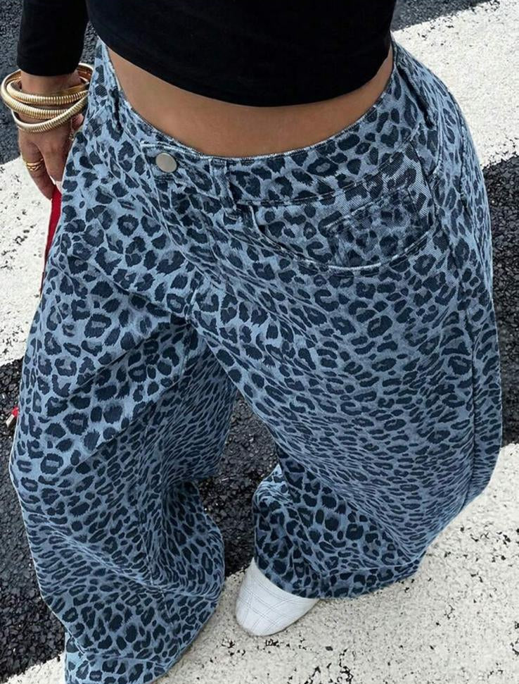 SAVAGE CHIC - Jeans Leopardati Wide Leg in Cotone
